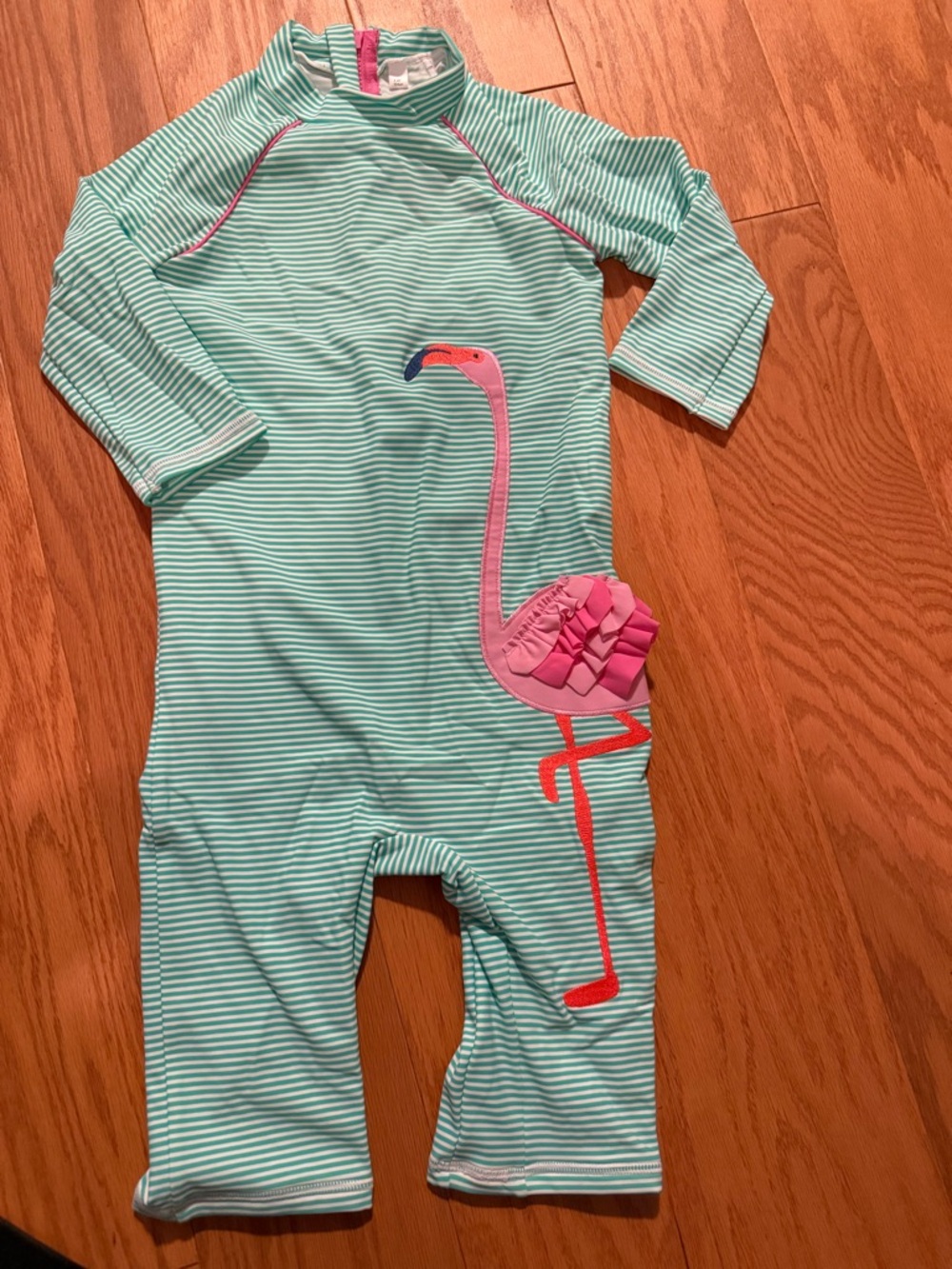 Baby Boden Girls Stripe One-Piece Rash Guard with Pink Flamingo 3-4y